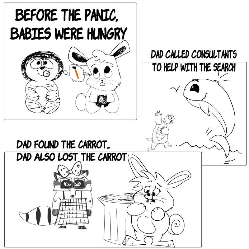 A dad bunny realizes he needs to feed his baby bunny. He hires a search party of a turtle to help