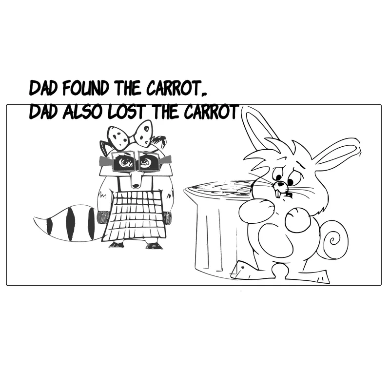 the dad bunny finds the carrot in the racoons trash