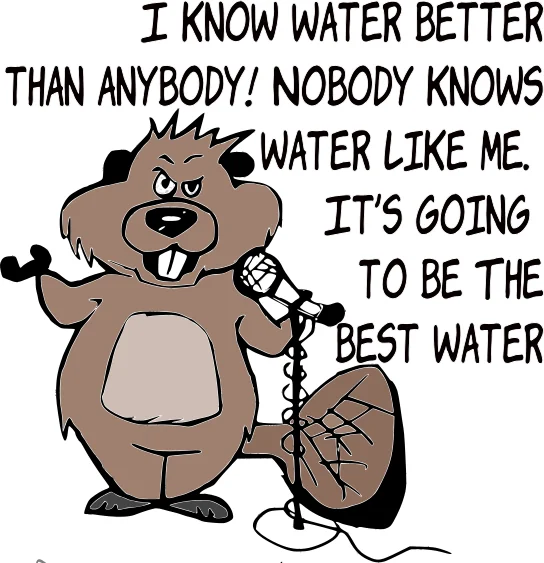 A beaver stands at a podium speaking into a microphone promising the best water to a crowd