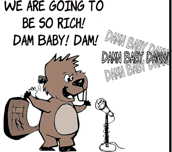 A beaver stands at a podium speaking into a microphone promising the best water to a crowd.